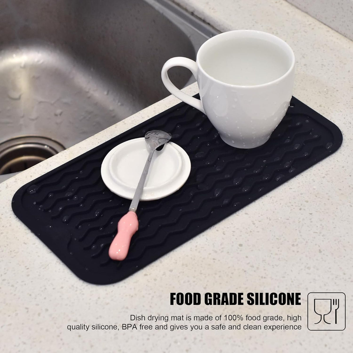 Silicone Dish Drying Mat, Non-Slip Easy Clean Sink Mat, Black, 12" x 6"