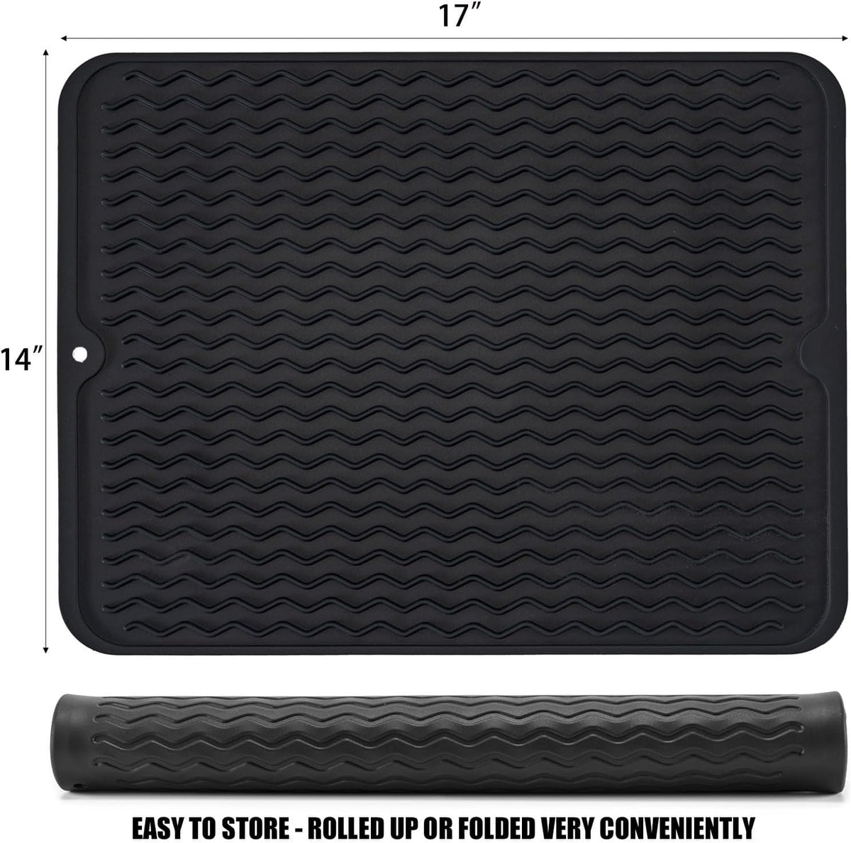 Silicone Dish Drying Mat, Non-Slip Easy Clean Sink Mat, Black, 12" x 6"