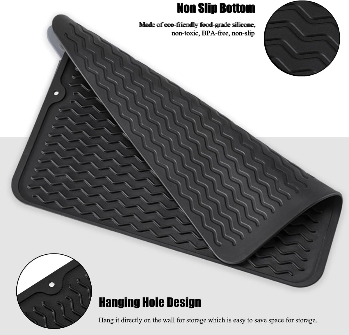 Silicone Dish Drying Mat, Non-Slip Easy Clean Sink Mat, Black, 12" x 6"