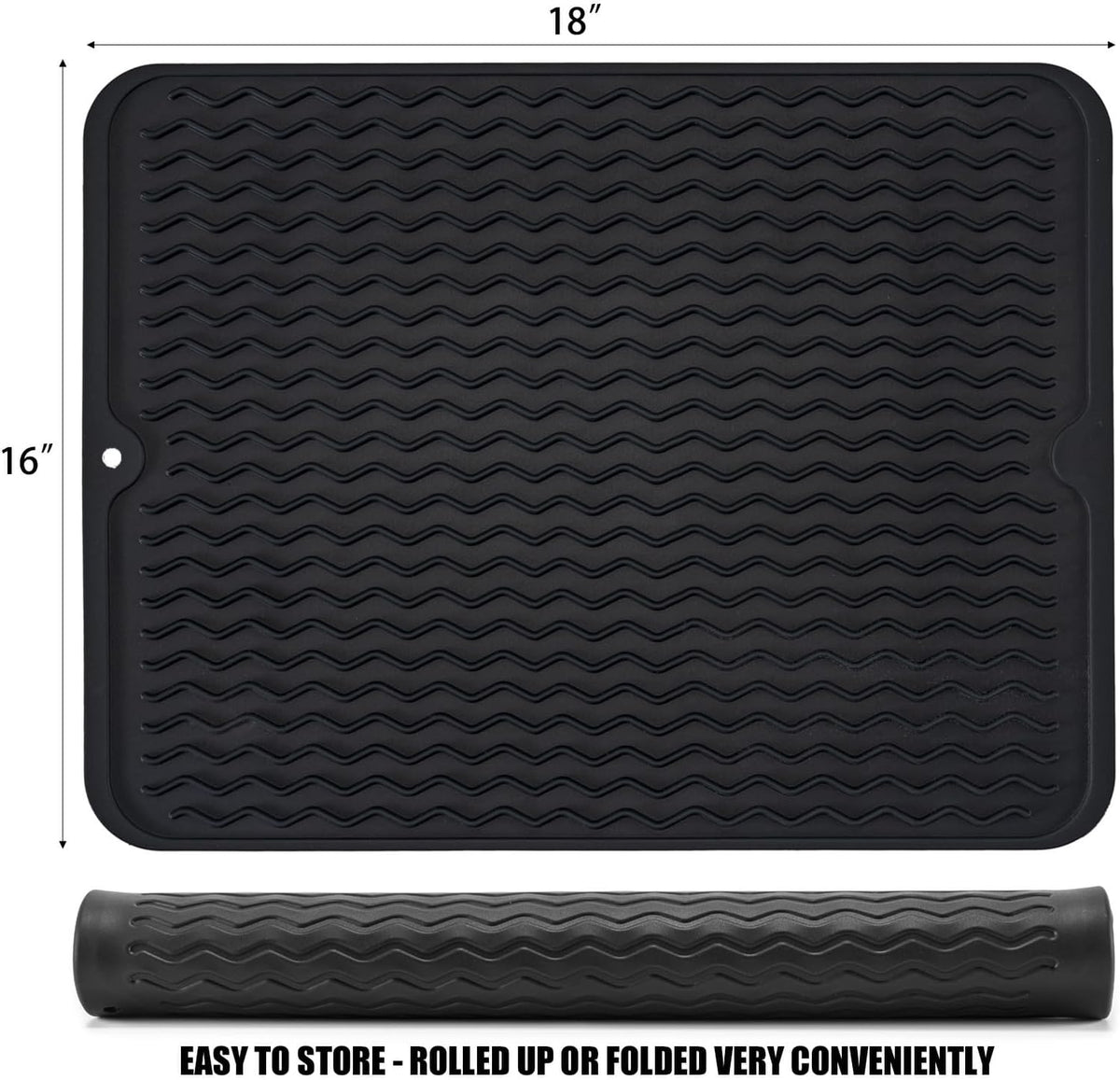 Silicone Dish Drying Mat, Non-Slip Easy Clean Sink Mat, Black, 12" x 6"