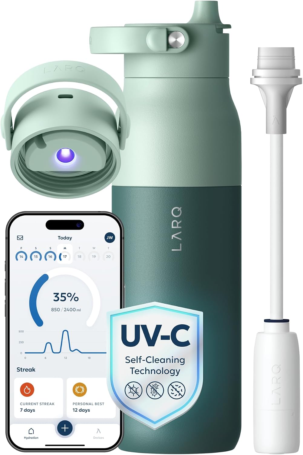 PureVis 2 Smart UV-C Self-Cleaning Insulated Water Bottle Filter Straw