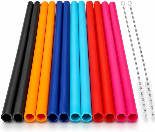 12 Pcs Eco Friendly Silicone Straws with 2 cleaning Brushes,Reusable Silicone Drinking Straws,for 30oz and 20oz Tumblers,Yeti, Ozark, (Pure Multicolor, 10 inches)