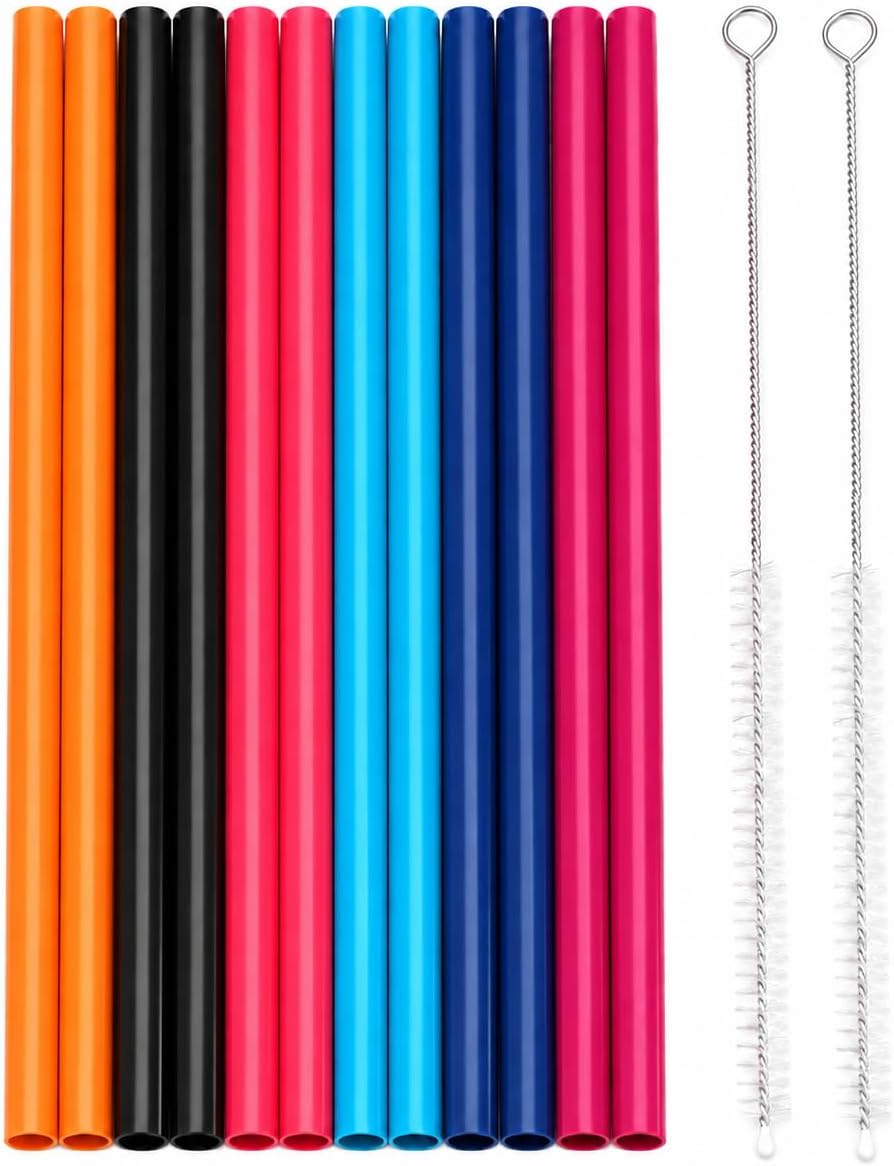 12 Pcs Eco Friendly Silicone Straws with 2 cleaning Brushes,Reusable Silicone Drinking Straws,for 30oz and 20oz Tumblers,Yeti, Ozark, (Pure Multicolor, 10 inches)