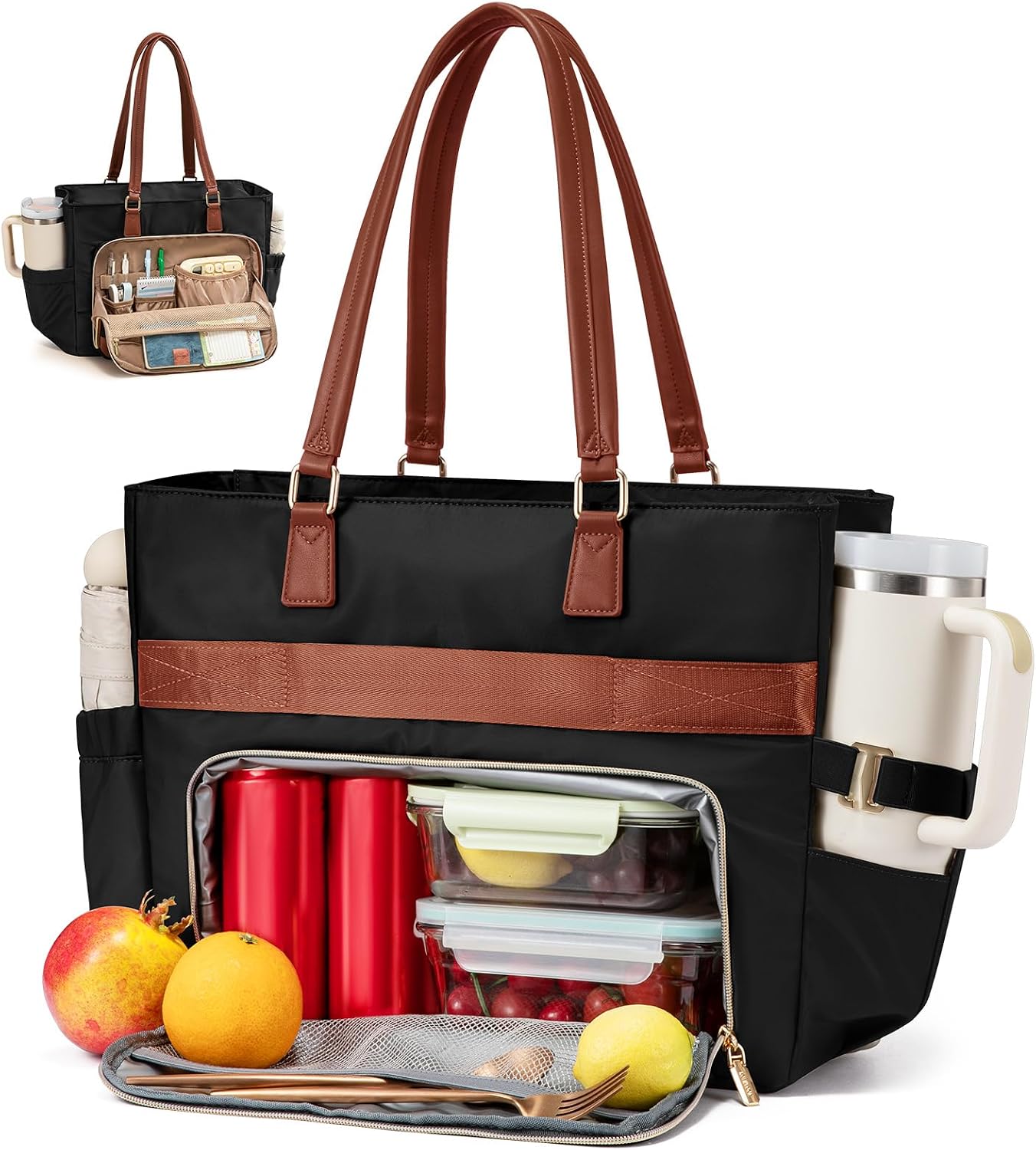 Lunch Tote Bag for Women, Work Bag with Insulated Lunch Compartment 15.6 Inch Laptop Bag with Cup Holder Large Lunch Bag for Teacher, Nurse, Office, Travel, College, Daily