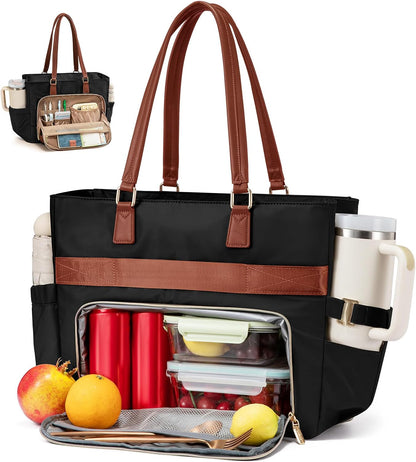 Lunch Tote Bag for Women, Work Bag with Insulated Lunch Compartment 15.6 Inch Laptop Bag with Cup Holder Large Lunch Bag for Teacher, Nurse, Office, Travel, College, Daily