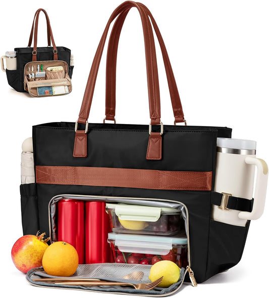 Lunch Tote Bag for Women, Work Bag with Insulated Lunch Compartment 15.6 Inch Laptop Bag with Cup Holder Large Lunch Bag for Teacher, Nurse, Office, Travel, College, Daily