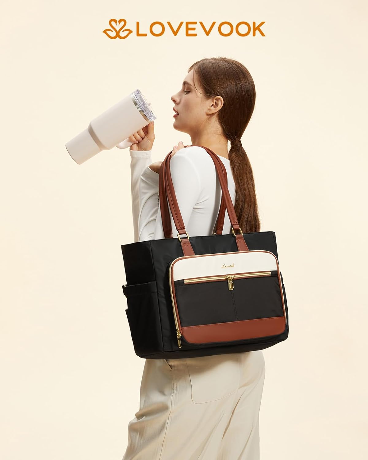 Lunch Tote Bag for Women, Work Bag with Insulated Lunch Compartment 15.6 Inch Laptop Bag with Cup Holder Large Lunch Bag for Teacher, Nurse, Office, Travel, College, Daily
