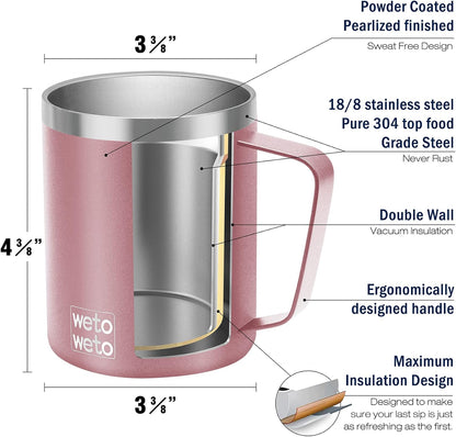 Coffee Mug with Handle, 14oz Insulated Stainless Steel Coffee Travel Mug, Double Wall Vacuum Reusable Coffee Cup with Lid, Powder Coated Rose Gold