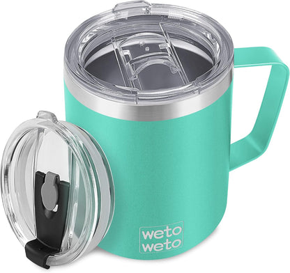 Coffee Mug with Handle, 14oz Insulated Stainless Steel Coffee Travel Mug, Double Wall Vacuum Reusable Coffee Cup with Lid, Powder Coated Rose Gold