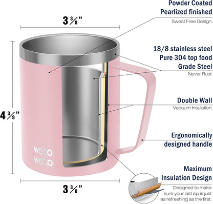 Coffee Mug with Handle, 14oz Insulated Stainless Steel Coffee Travel Mug, Double Wall Vacuum Reusable Coffee Cup with Lid, Powder Coated Rose Gold