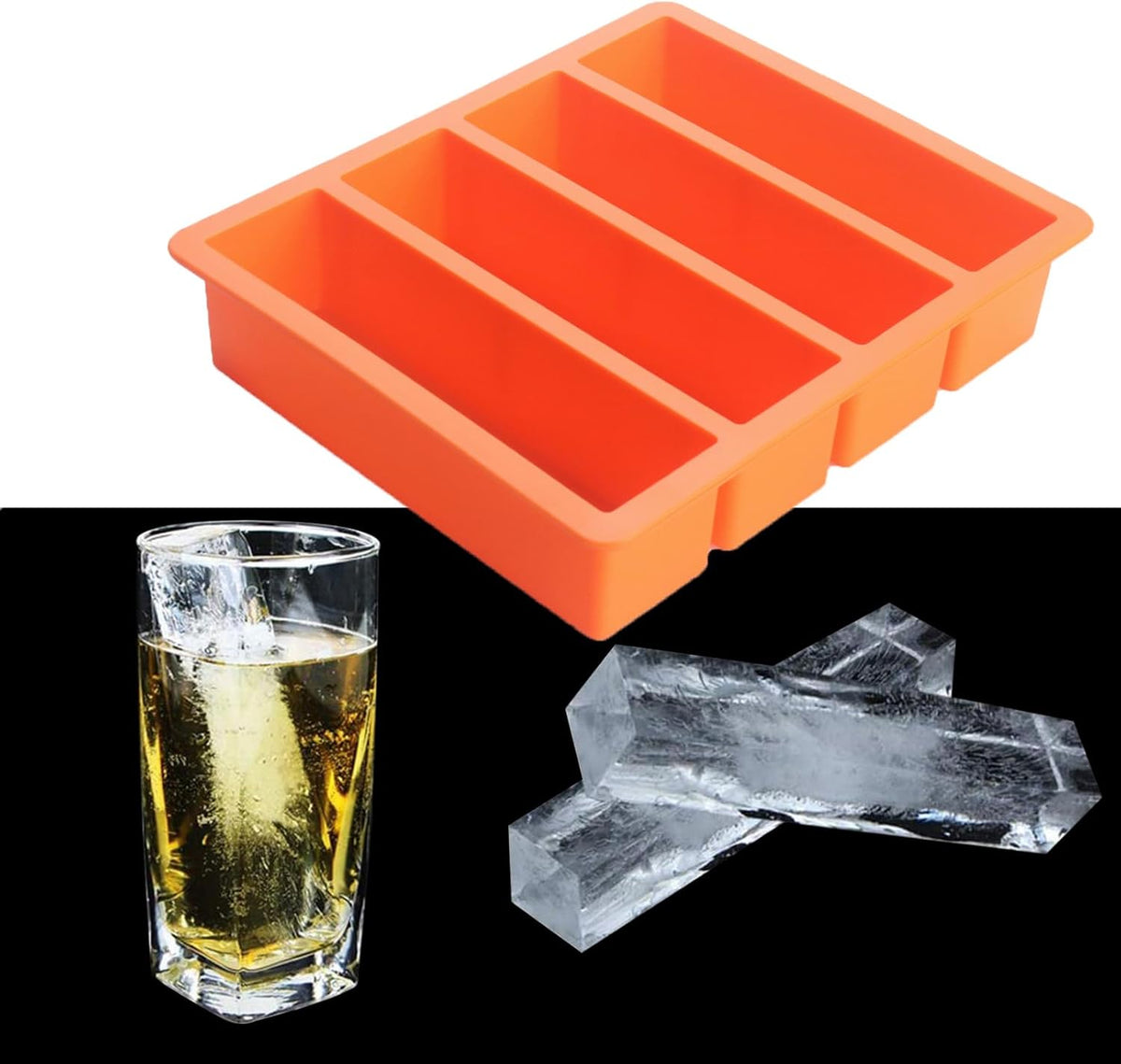 Large and Long Ice Cube Tray Silicone Freezing Container Sticks with Lid for Whiskey, Water Bottle, Food Leftovers and Baking(Orange)