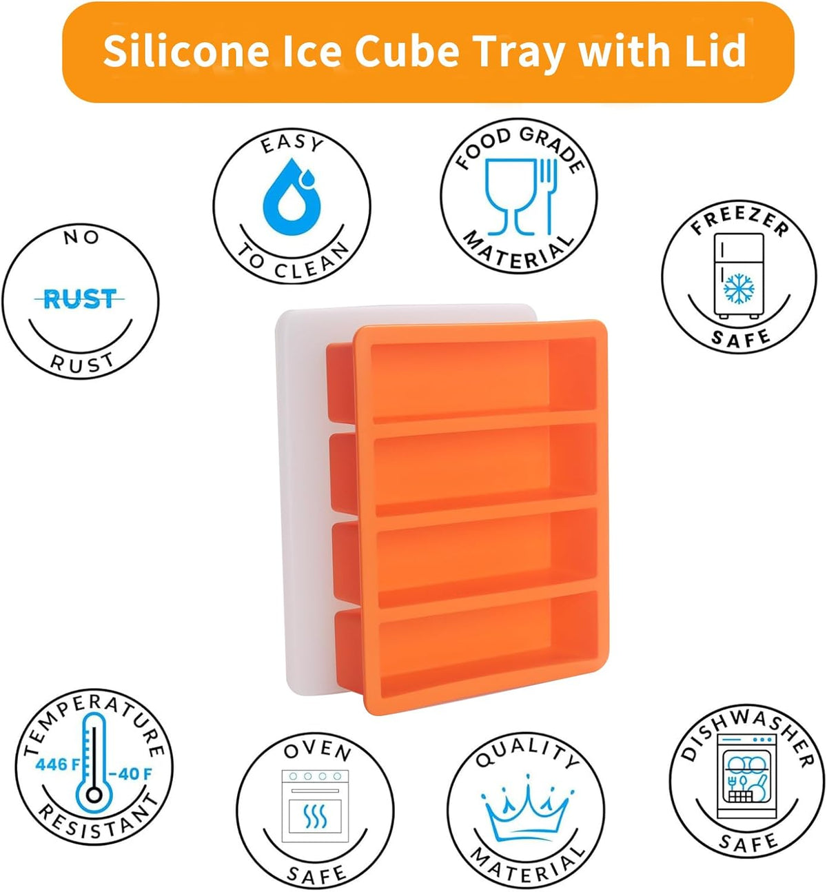 Large and Long Ice Cube Tray Silicone Freezing Container Sticks with Lid for Whiskey, Water Bottle, Food Leftovers and Baking(Orange)