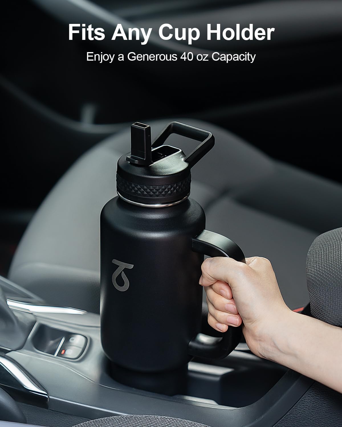 Trebo Insulated Water Bottle 40 oz Fits in Car Cup Holder with Side Handle