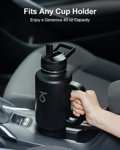 Trebo Insulated Water Bottle 40 oz Fits in Car Cup Holder with Side Handle