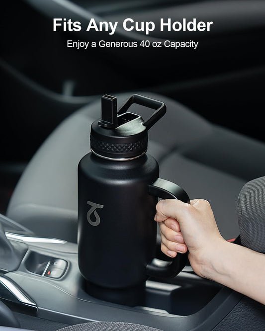 Trebo Insulated Water Bottle 40 oz Fits in Car Cup Holder with Side Handle