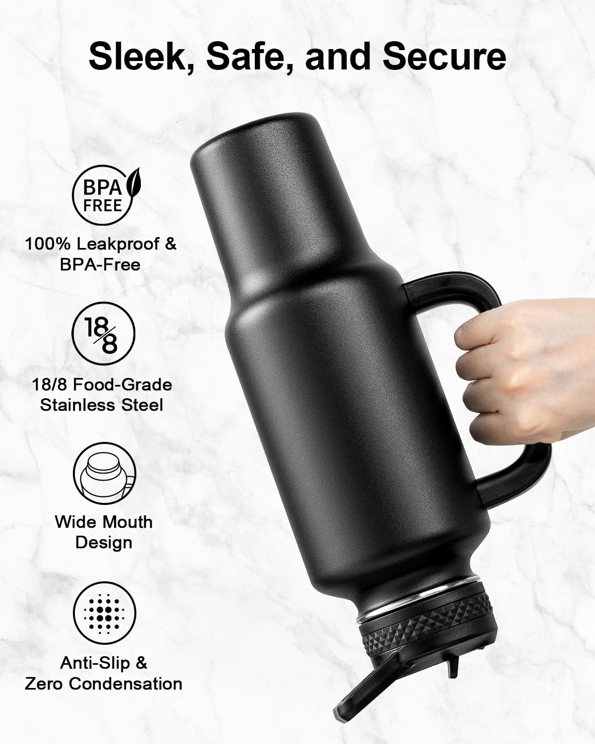Trebo Insulated Water Bottle 40 oz Fits in Car Cup Holder with Side Handle