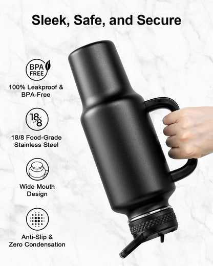 Trebo Insulated Water Bottle 40 oz Fits in Car Cup Holder with Side Handle