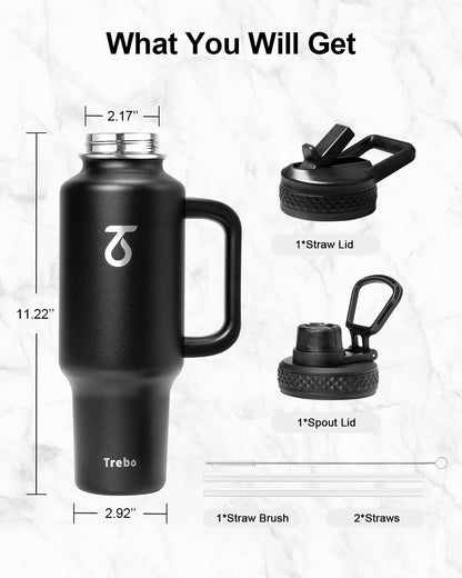 Trebo Insulated Water Bottle 40 oz Fits in Car Cup Holder with Side Handle