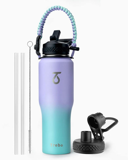 Trebo Insulated Water Bottle 40 oz Fits in Car Cup Holder with Side Handle