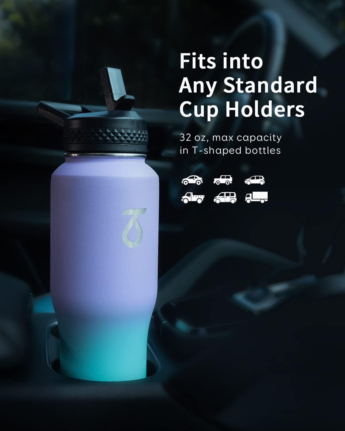 Trebo Insulated Water Bottle 40 oz Fits in Car Cup Holder with Side Handle