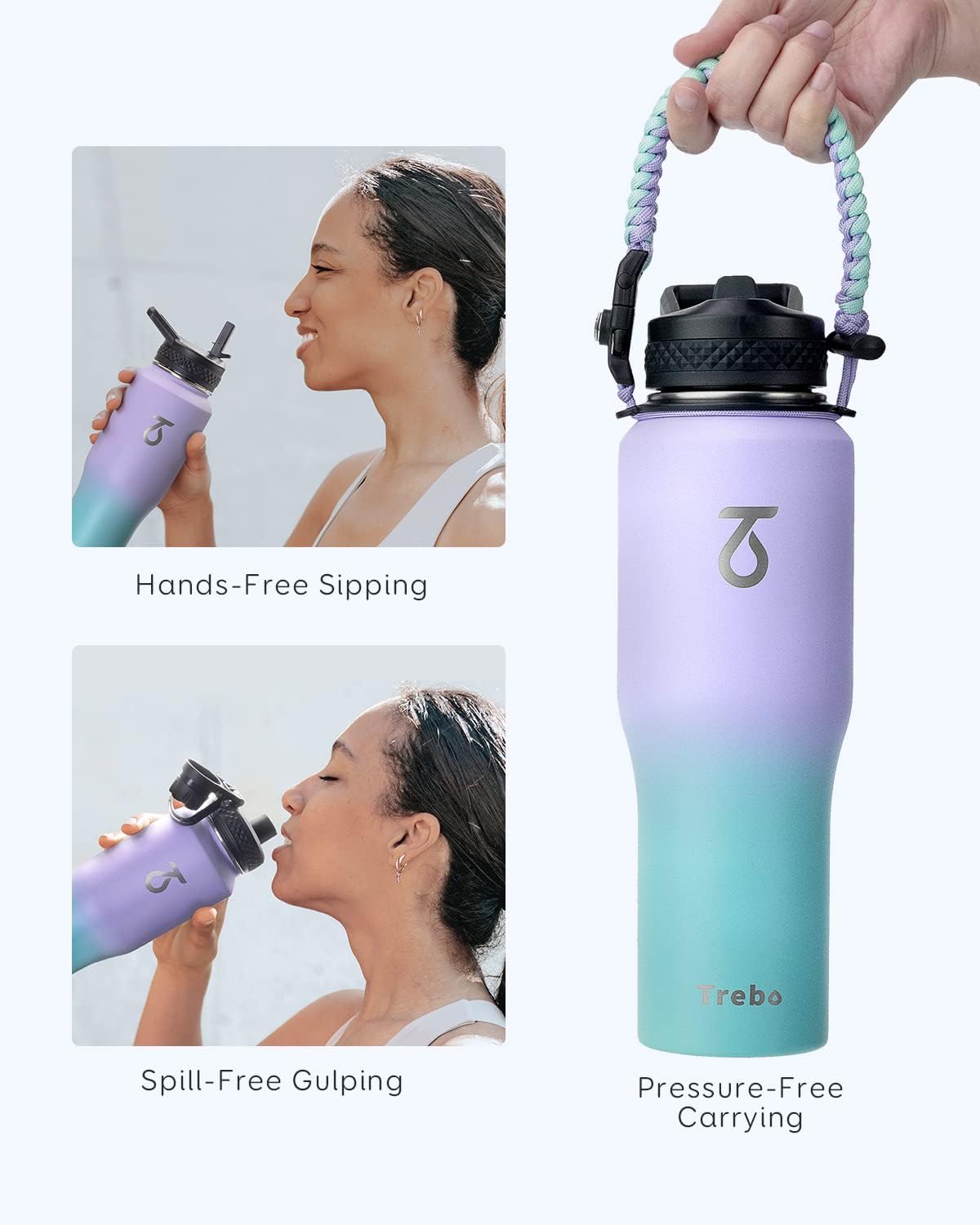 Trebo Insulated Water Bottle 40 oz Fits in Car Cup Holder with Side Handle