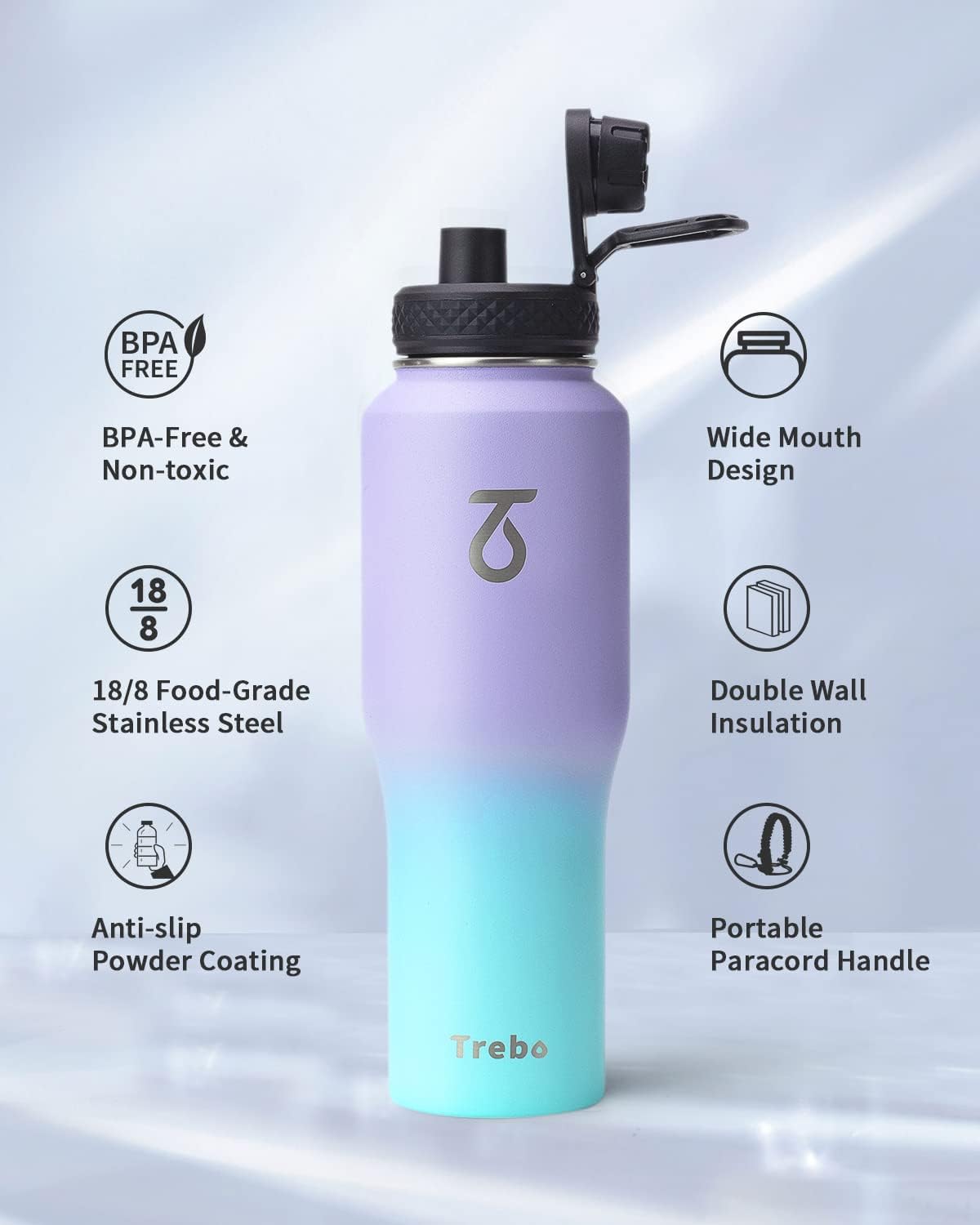 Trebo Insulated Water Bottle 40 oz Fits in Car Cup Holder with Side Handle