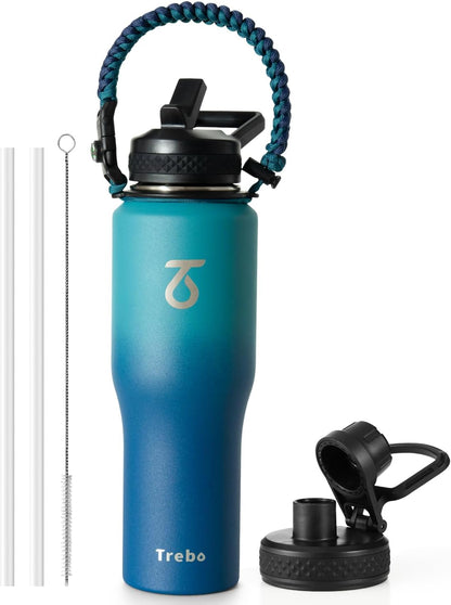 Trebo Insulated Water Bottle 40 oz Fits in Car Cup Holder with Side Handle