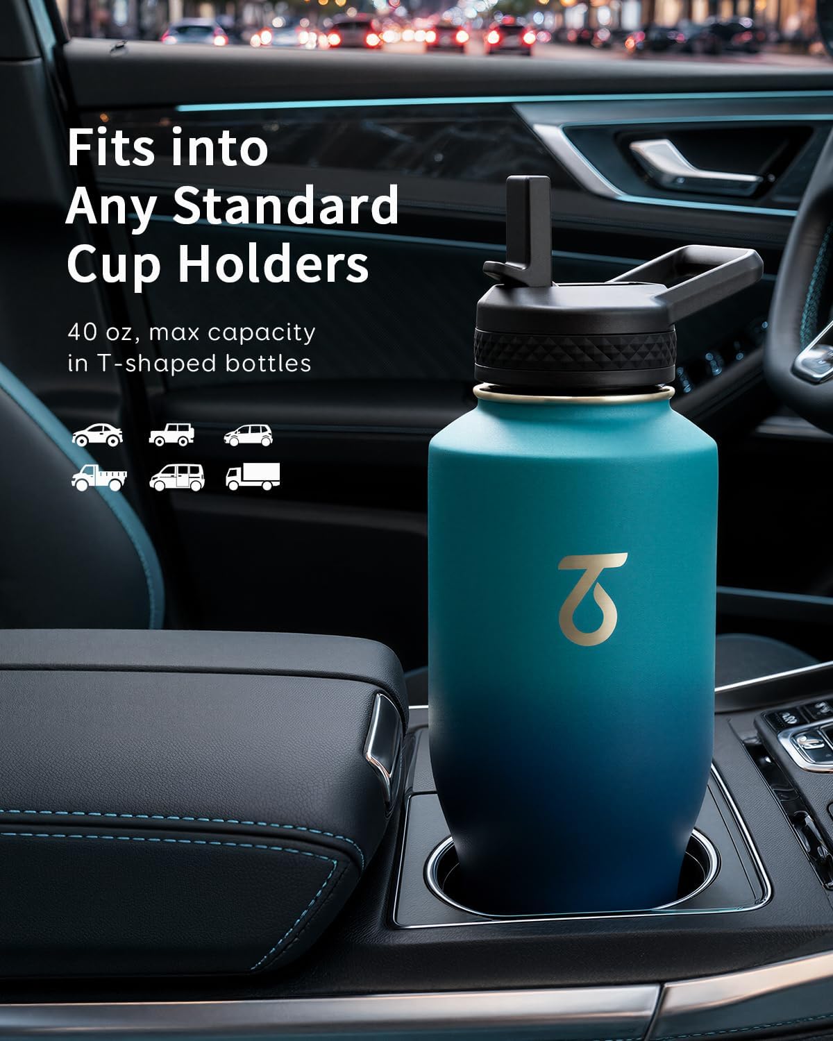 Trebo Insulated Water Bottle 40 oz Fits in Car Cup Holder with Side Handle