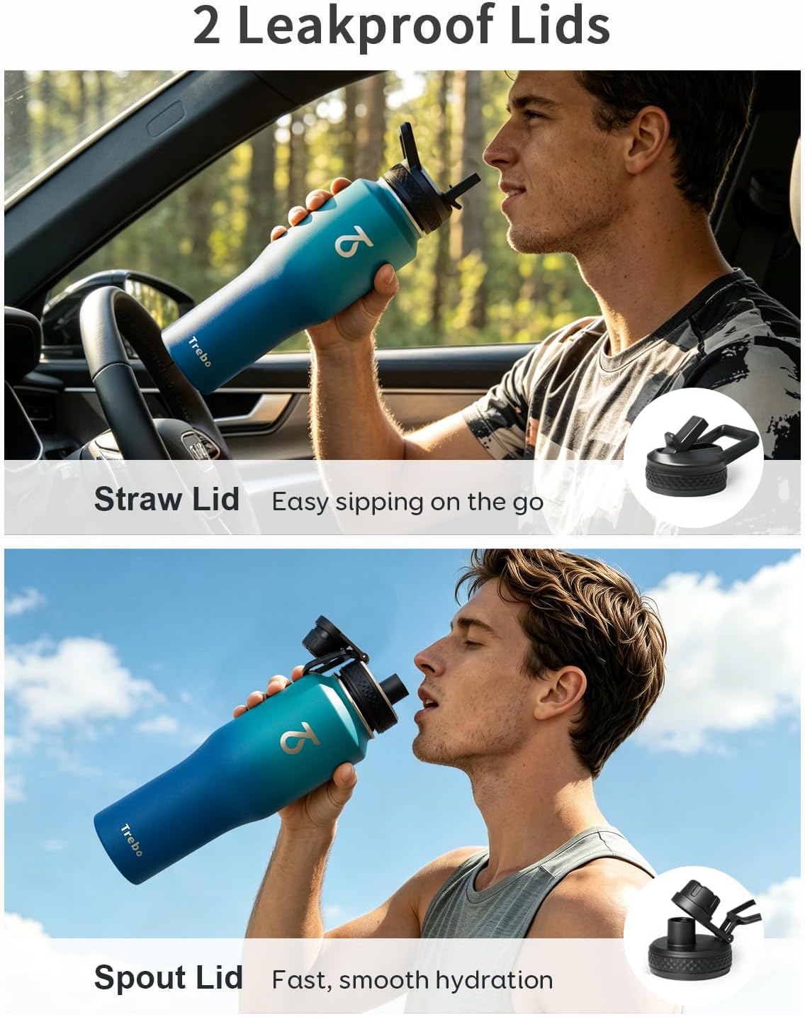 Trebo Insulated Water Bottle 40 oz Fits in Car Cup Holder with Side Handle