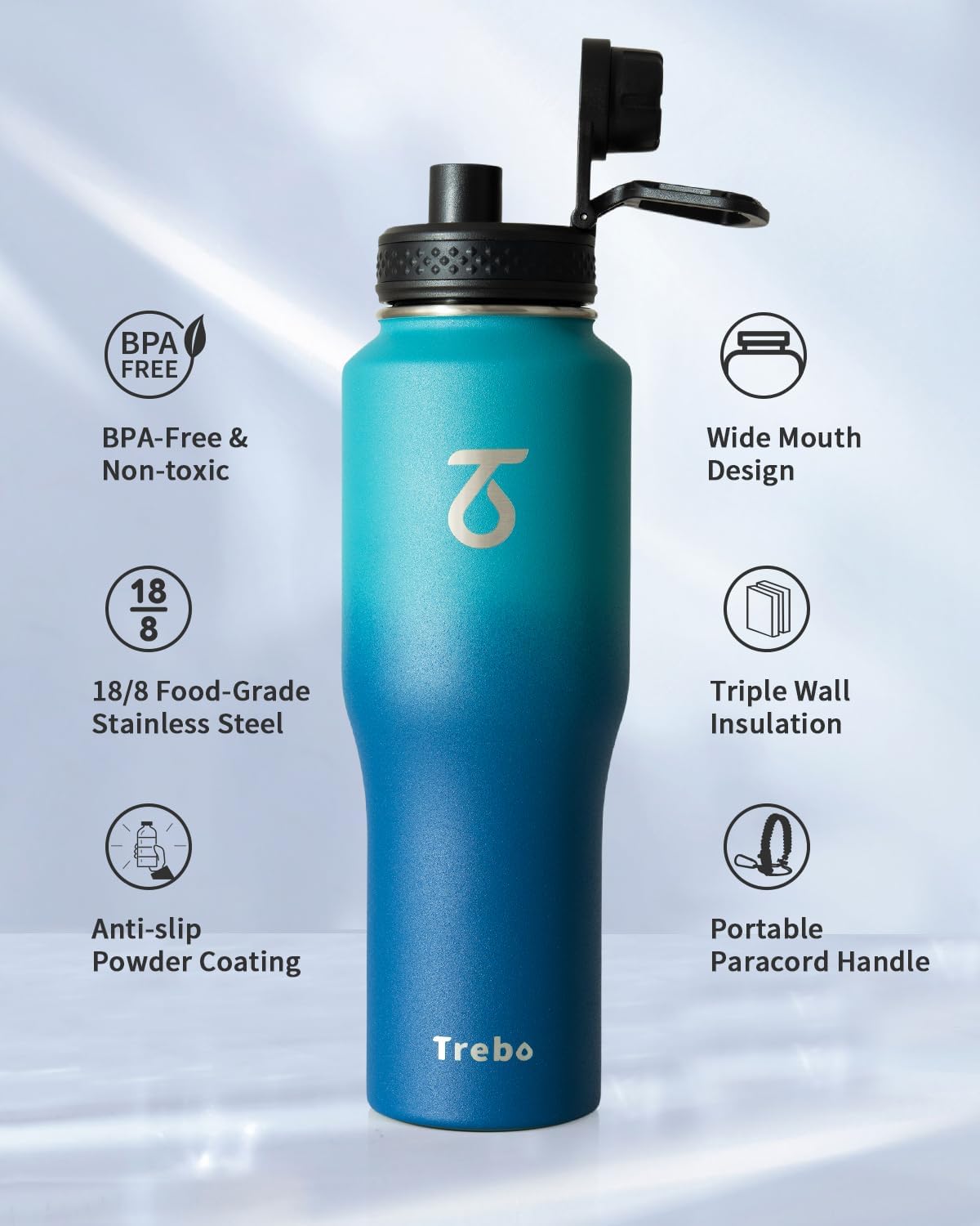 Trebo Insulated Water Bottle 40 oz Fits in Car Cup Holder with Side Handle