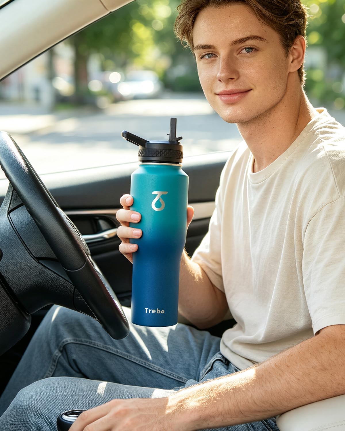 Trebo Insulated Water Bottle 40 oz Fits in Car Cup Holder with Side Handle