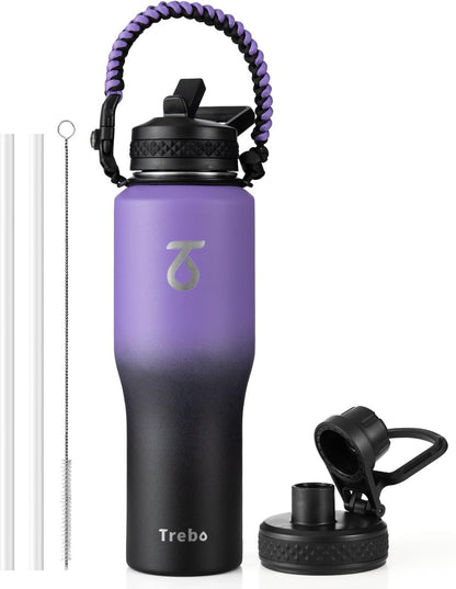 Trebo Insulated Water Bottle 40 oz Fits in Car Cup Holder with Side Handle