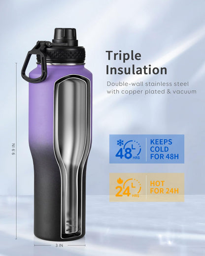 Trebo Insulated Water Bottle 40 oz Fits in Car Cup Holder with Side Handle