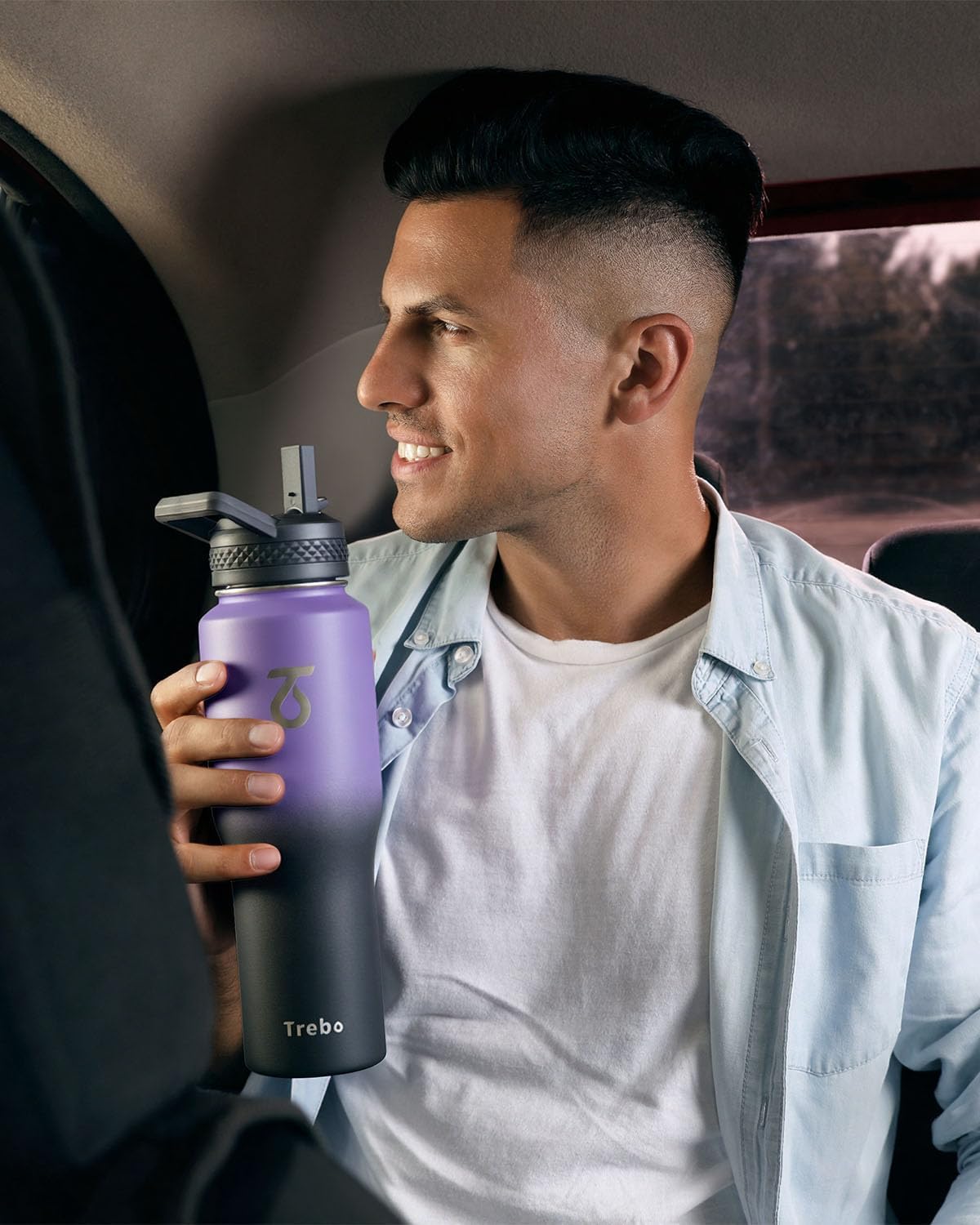 Trebo Insulated Water Bottle 40 oz Fits in Car Cup Holder with Side Handle