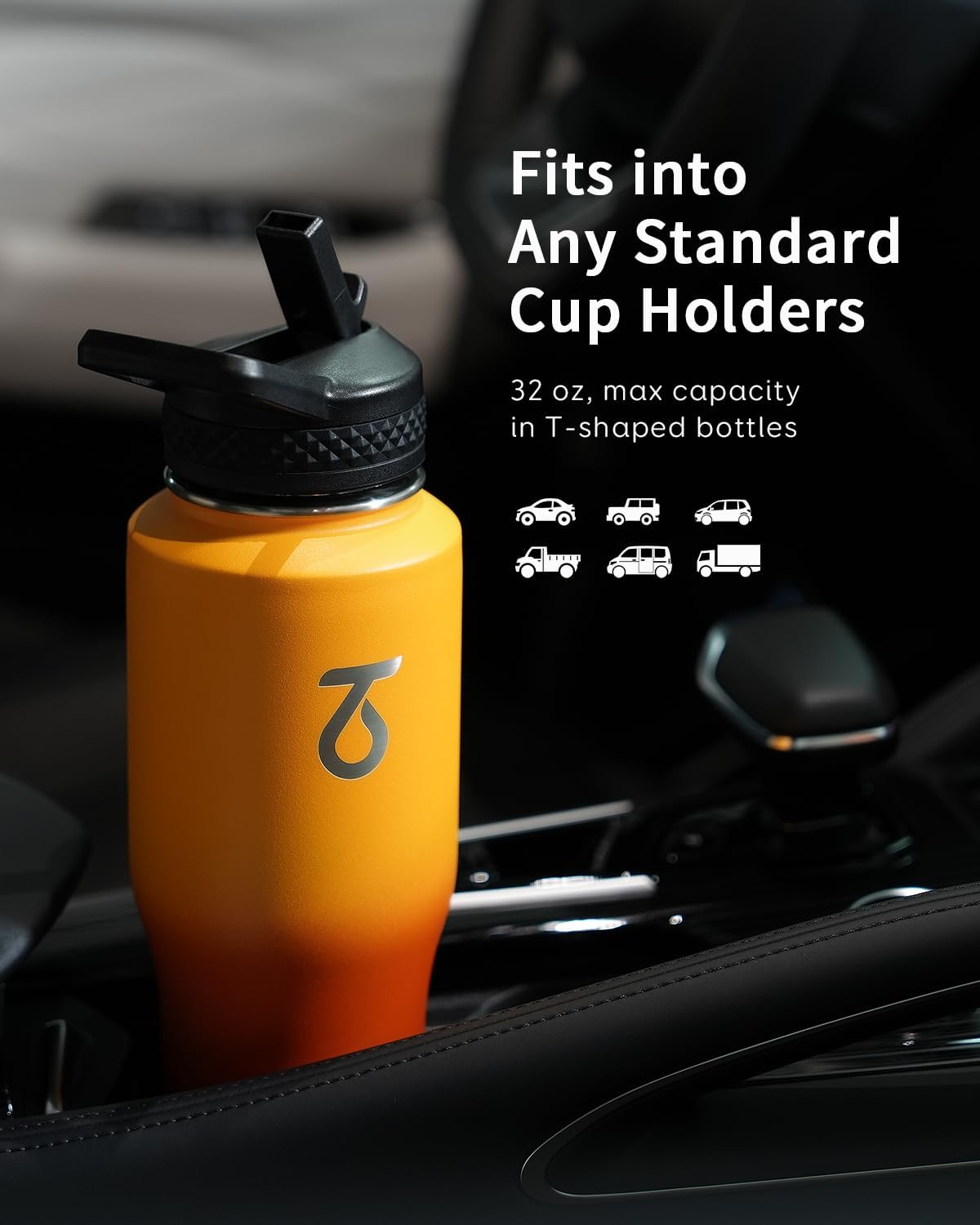 Trebo Insulated Water Bottle 40 oz Fits in Car Cup Holder with Side Handle