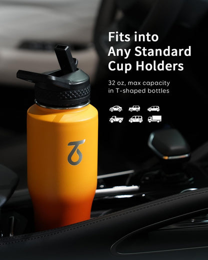 Trebo Insulated Water Bottle 40 oz Fits in Car Cup Holder with Side Handle