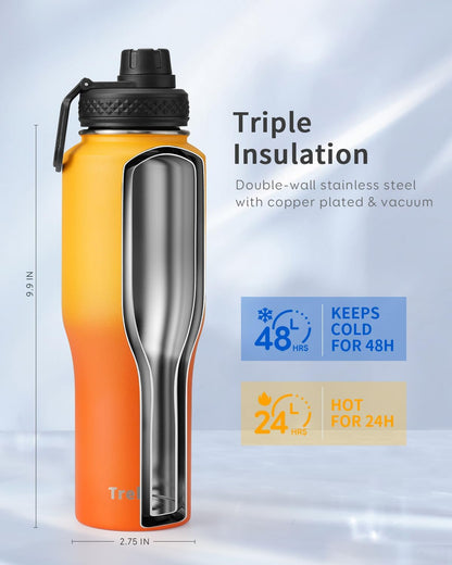 Trebo Insulated Water Bottle 40 oz Fits in Car Cup Holder with Side Handle