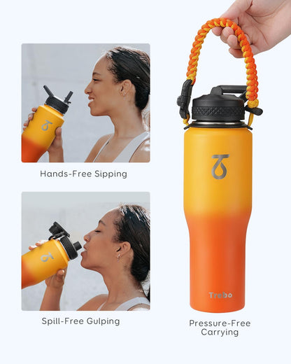 Trebo Insulated Water Bottle 40 oz Fits in Car Cup Holder with Side Handle