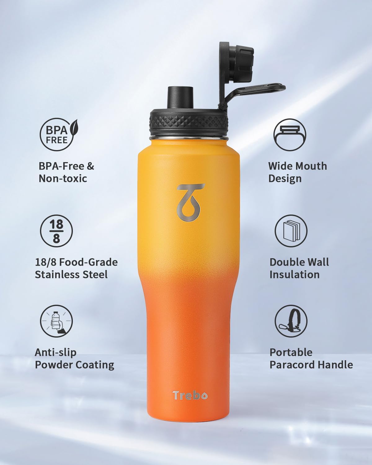 Trebo Insulated Water Bottle 40 oz Fits in Car Cup Holder with Side Handle