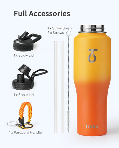 Trebo Insulated Water Bottle 40 oz Fits in Car Cup Holder with Side Handle