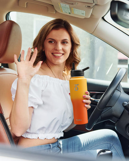Trebo Insulated Water Bottle 40 oz Fits in Car Cup Holder with Side Handle