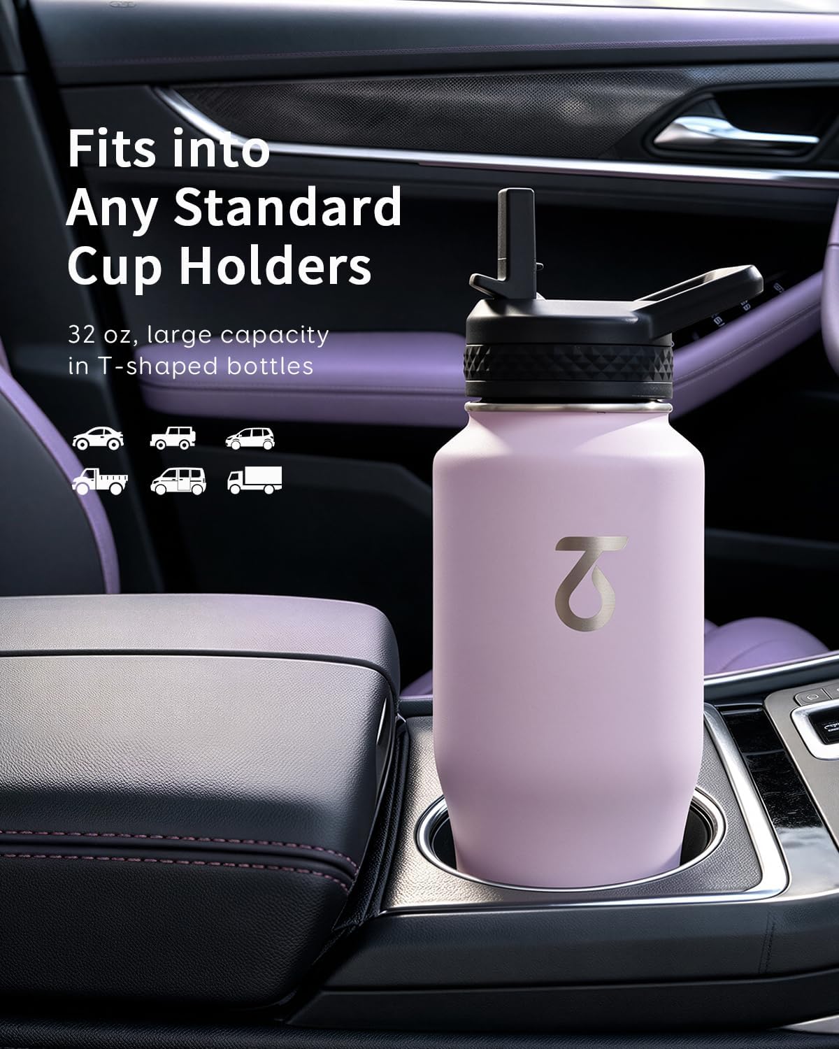Trebo Insulated Water Bottle 40 oz Fits in Car Cup Holder with Side Handle
