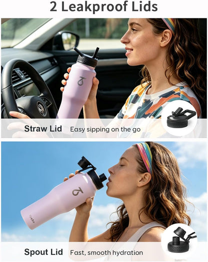 Trebo Insulated Water Bottle 40 oz Fits in Car Cup Holder with Side Handle