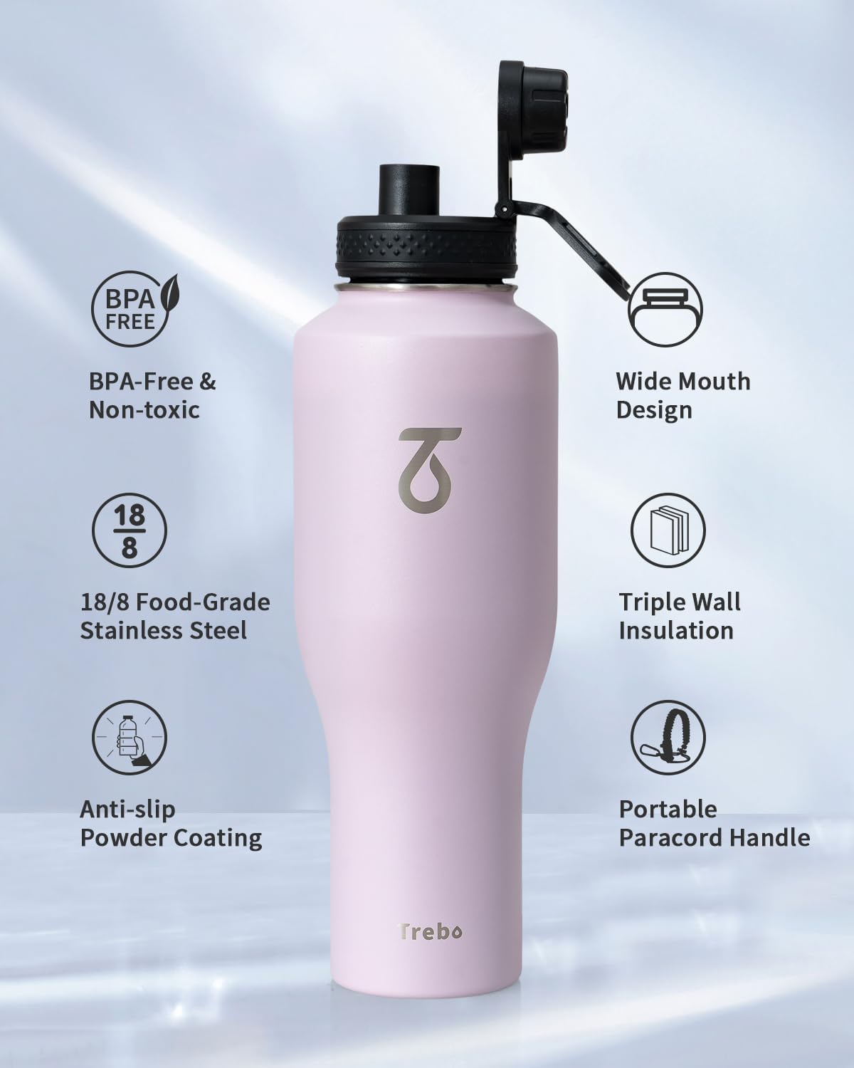Trebo Insulated Water Bottle 40 oz Fits in Car Cup Holder with Side Handle