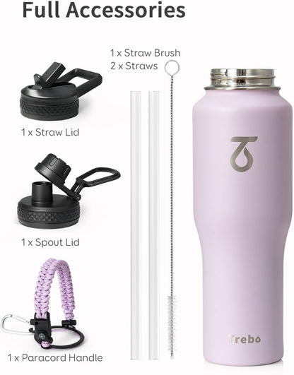 Trebo Insulated Water Bottle 40 oz Fits in Car Cup Holder with Side Handle