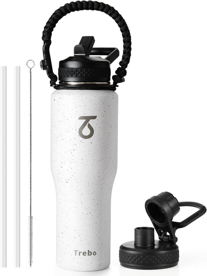 Trebo Insulated Water Bottle 40 oz Fits in Car Cup Holder with Side Handle
