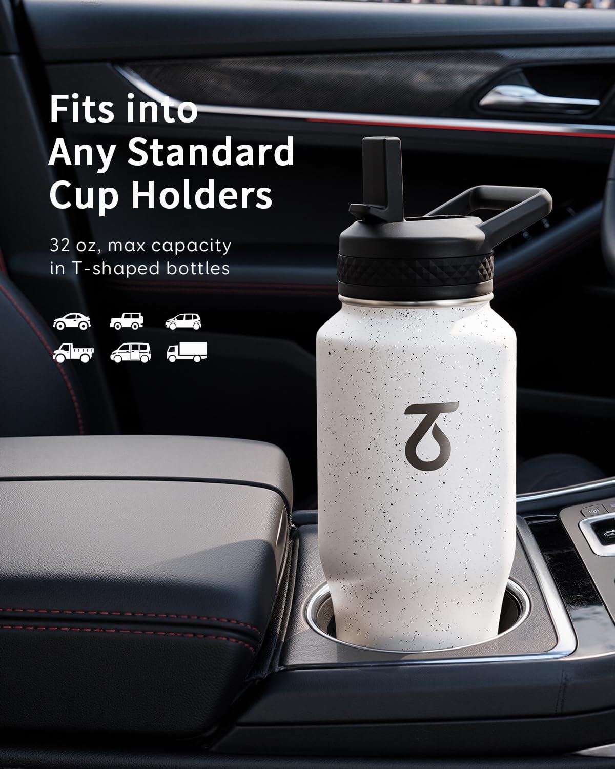 Trebo Insulated Water Bottle 40 oz Fits in Car Cup Holder with Side Handle