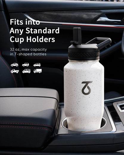 Trebo Insulated Water Bottle 40 oz Fits in Car Cup Holder with Side Handle