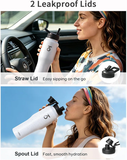 Trebo Insulated Water Bottle 40 oz Fits in Car Cup Holder with Side Handle