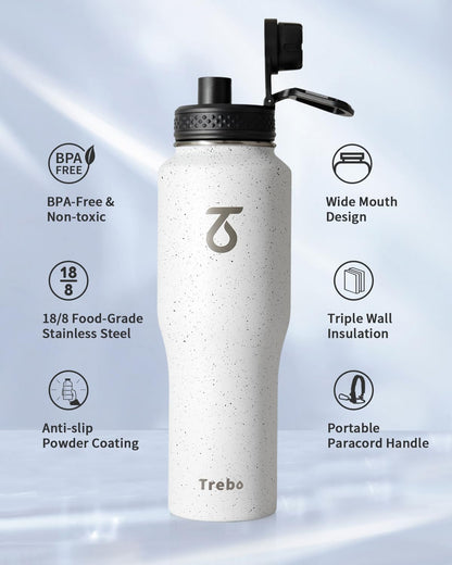 Trebo Insulated Water Bottle 40 oz Fits in Car Cup Holder with Side Handle